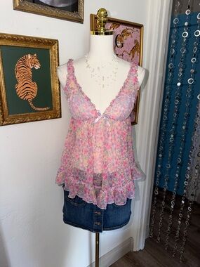 Y2K Floral Pink Ruffle Babydoll Tank Top